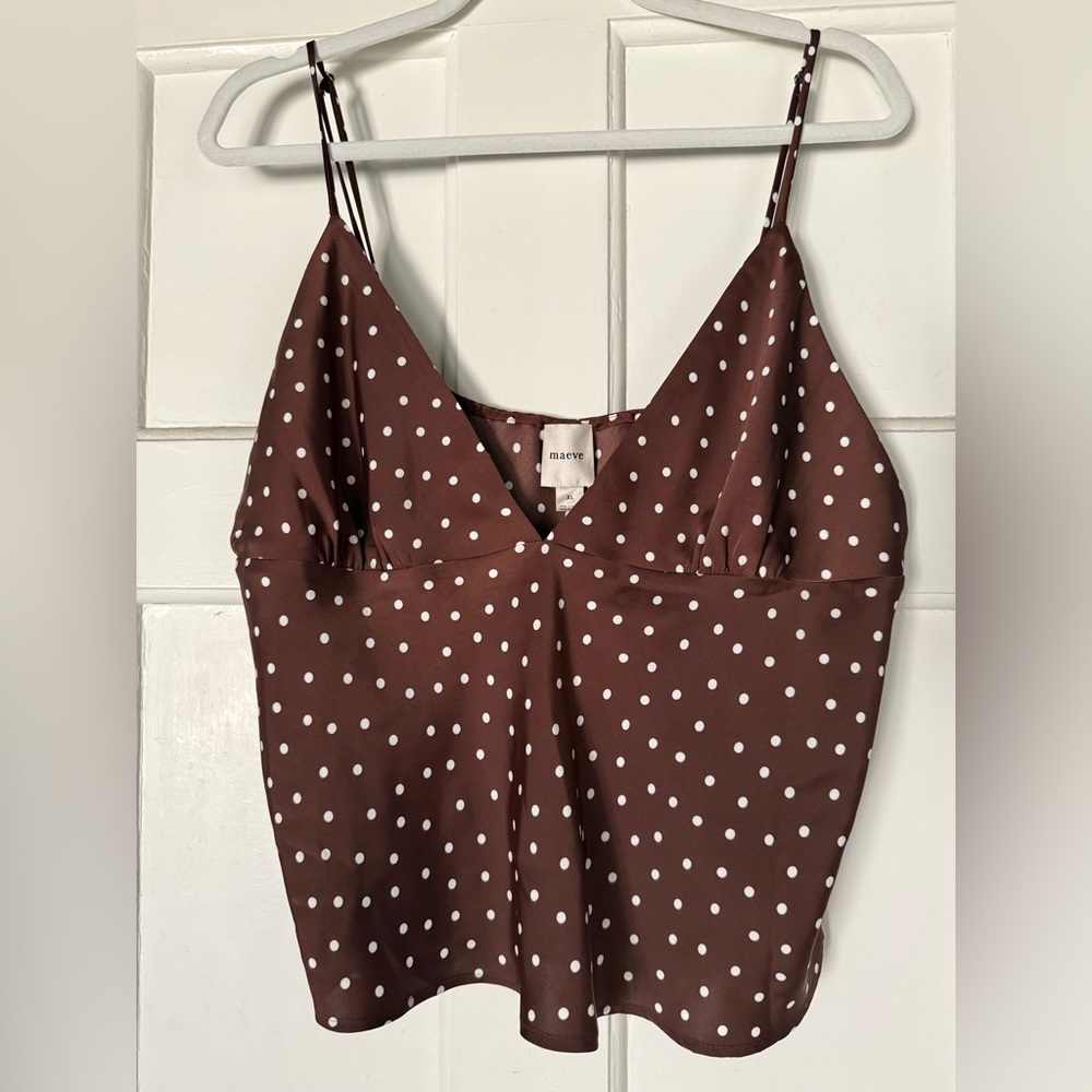 Maeve Anthropologie Chocolate Brown Top White Polkadots XL NWT